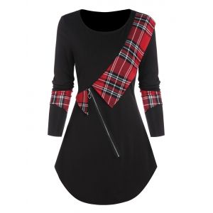 

Plaid Ruffle Zipped T Shirt, Black