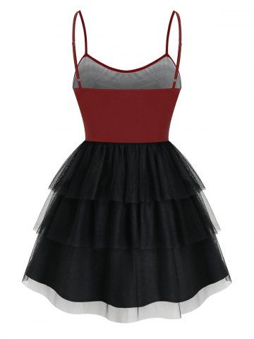 

Plus Size Halloween Skeleton Print Tulle Gothic Cami Dress, Red wine