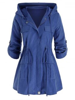 Plus Size Hooded Drawstring Pocket Zip Rolled Up Sleeve Coat - SLATE BLUE - L