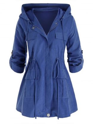 Plus Size Hooded Drawstring Pocket Zip Rolled Up Sleeve Coat