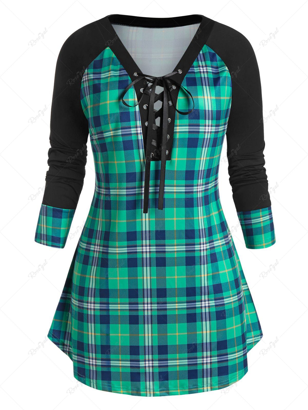 Plus Size Raglan Sleeve Checked Tunic Sweatshirt