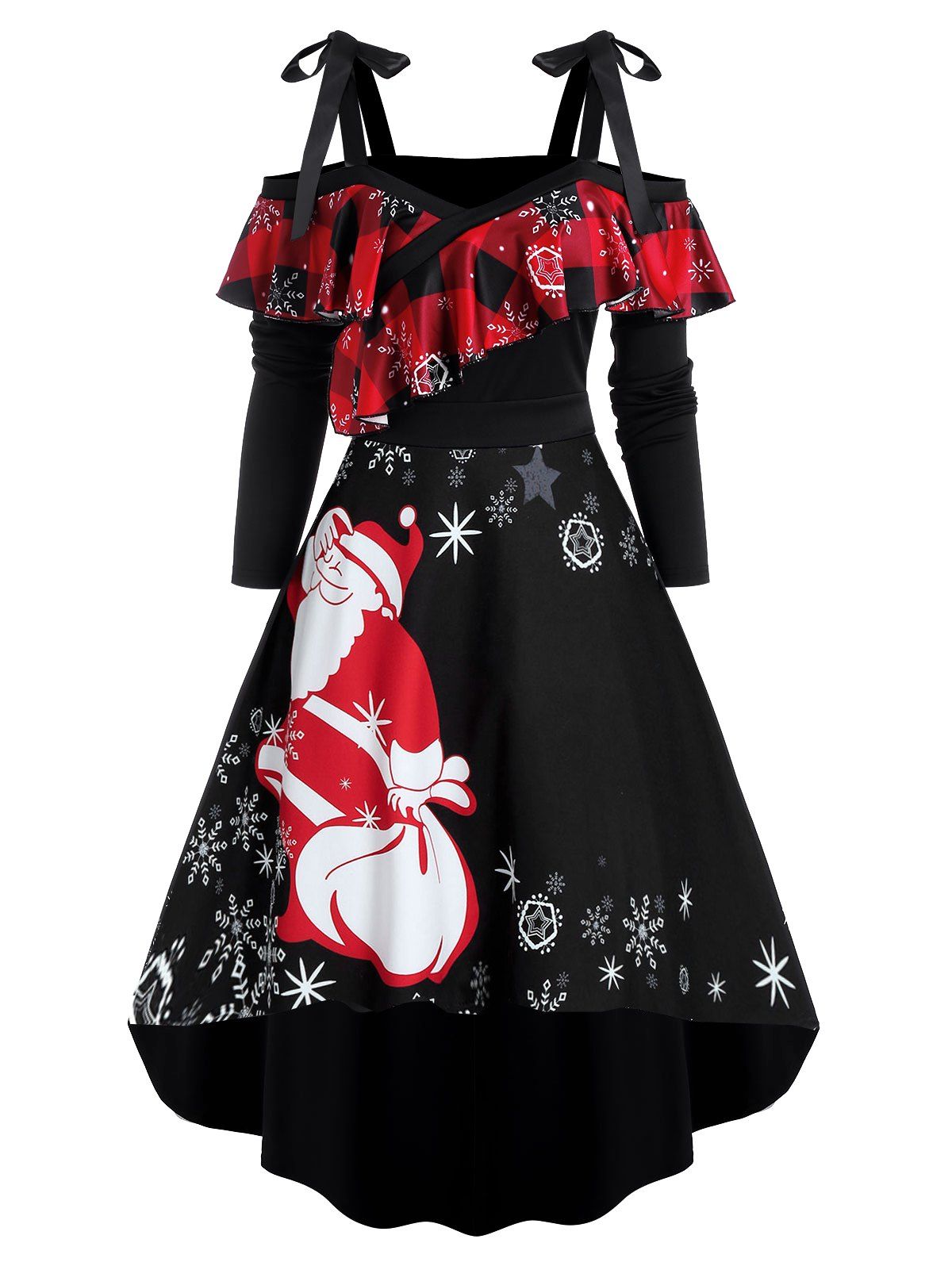 

Christmas Santa Claus Snowflake Print Tie Knot High Low Dress, Black