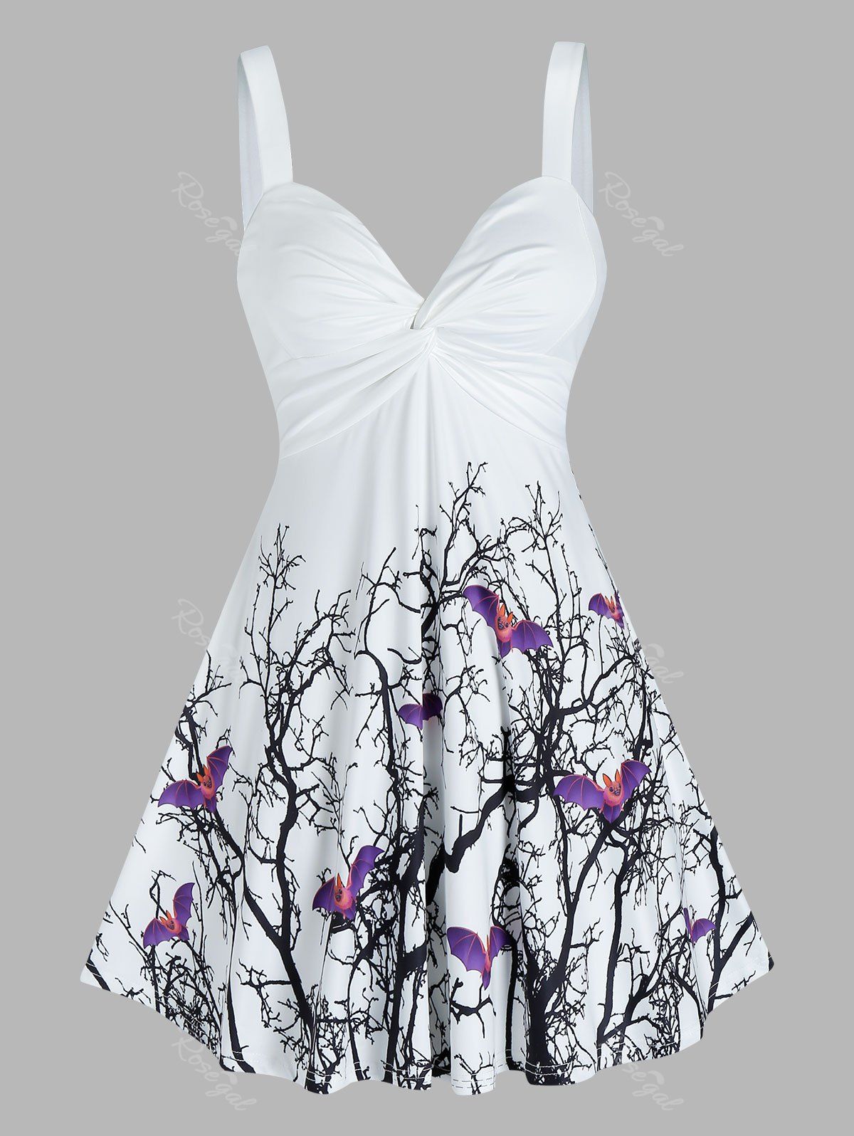 Hot Halloween Bats Tree Print Sleeveless Twist Front Dress  