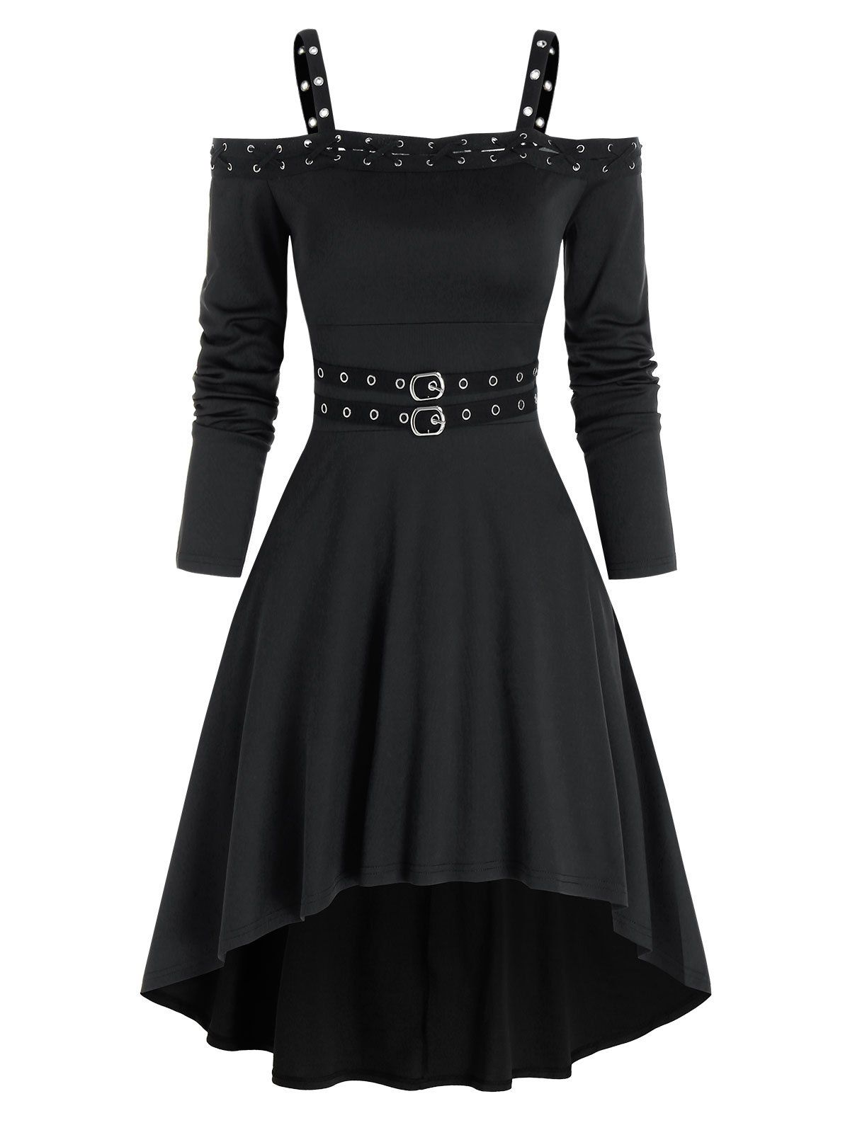 

Long Sleeve Cold Shoulder Lace-up High Low Dress, Black