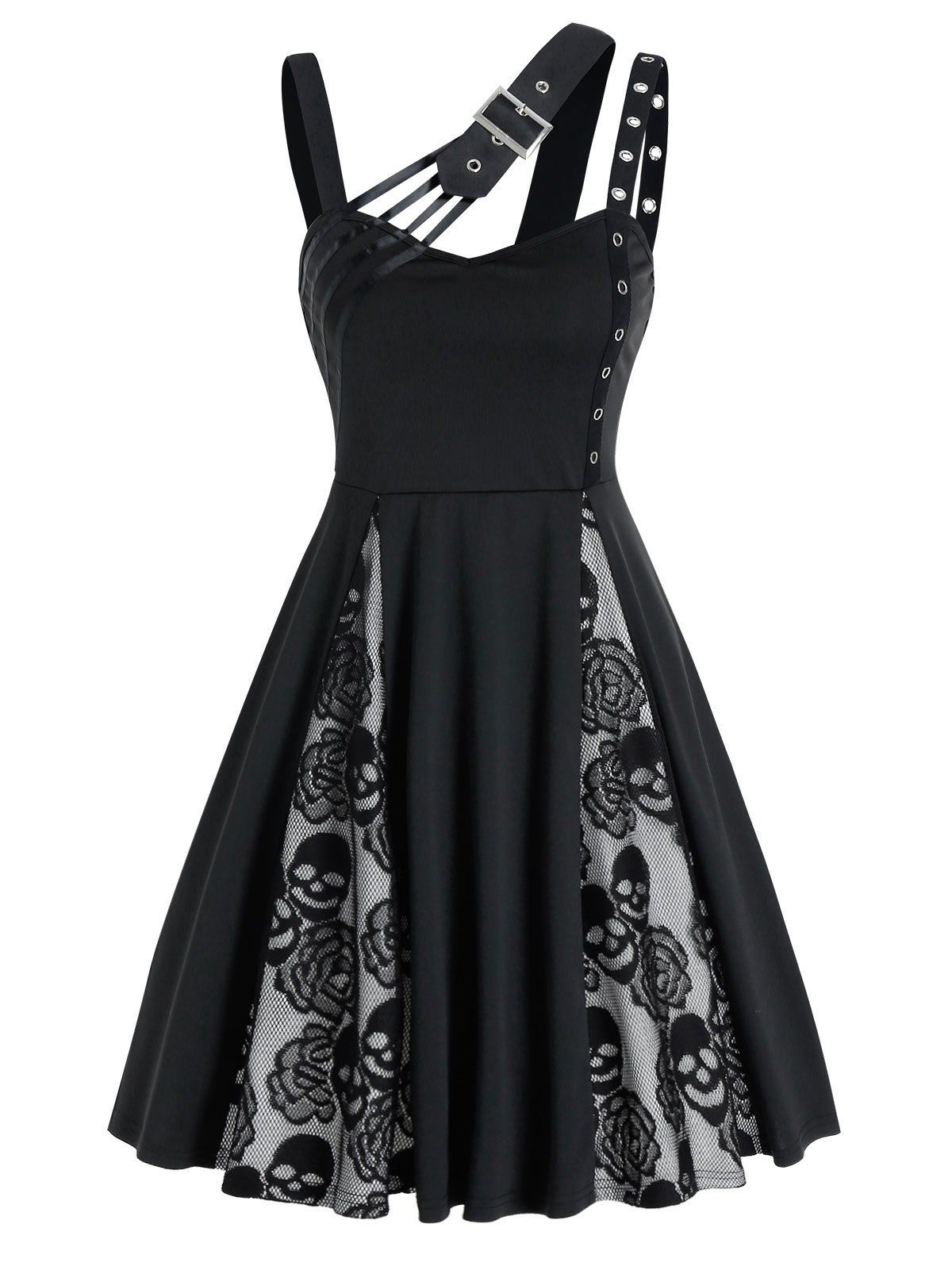 

Halloween Skull Flower Lace Insert Sleeveless Dress, Black