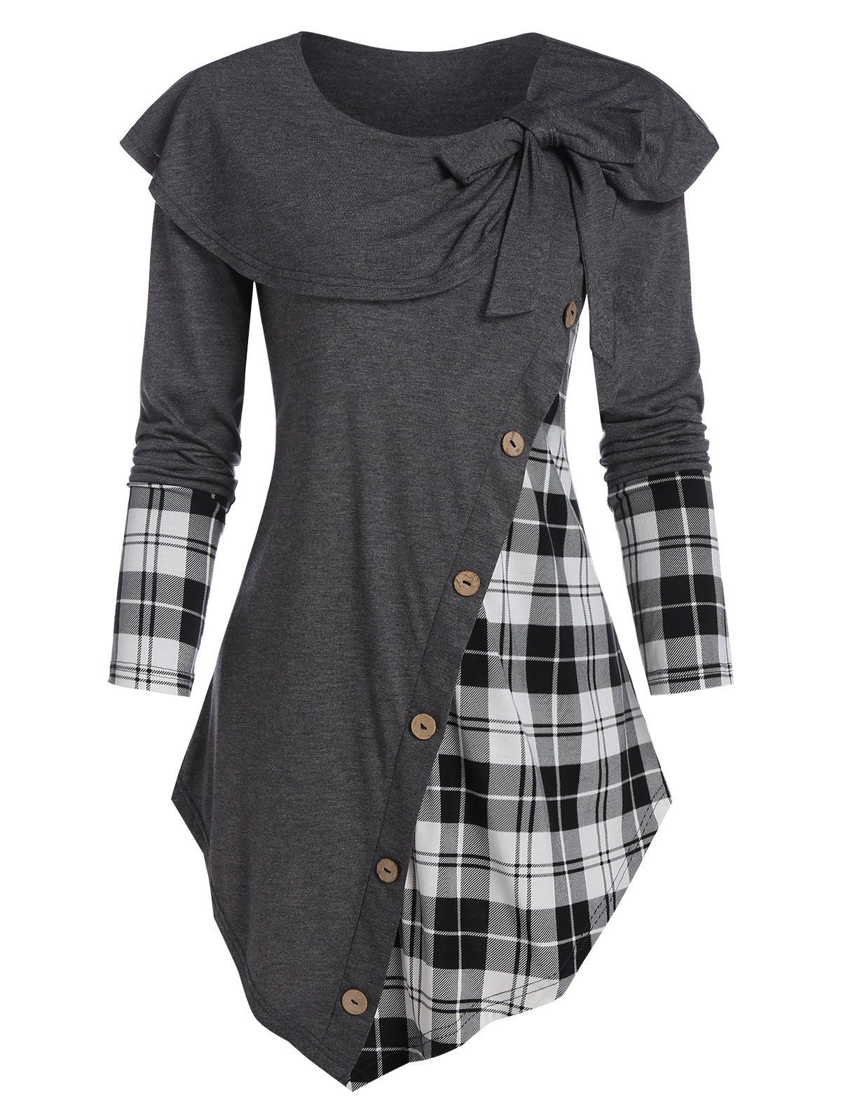 

Bowknot Plaid Asymmetric T Shirt, Cloudy gray