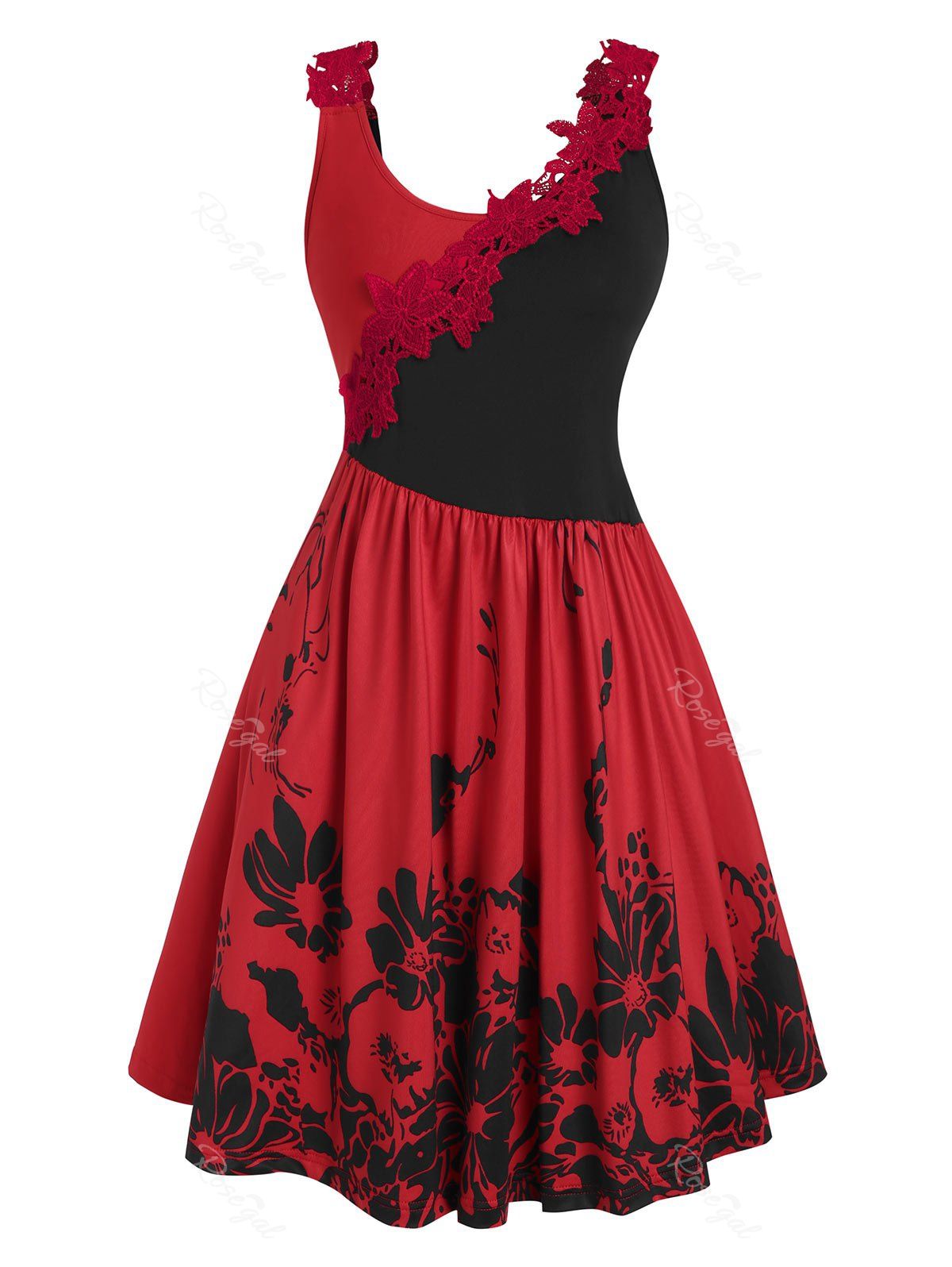 

Bicolor Crochet Lace Panel Floral Dress, Red