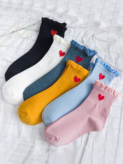 

6 Pairs Embroidery Heart Ruffle Socks Set, Multi-a