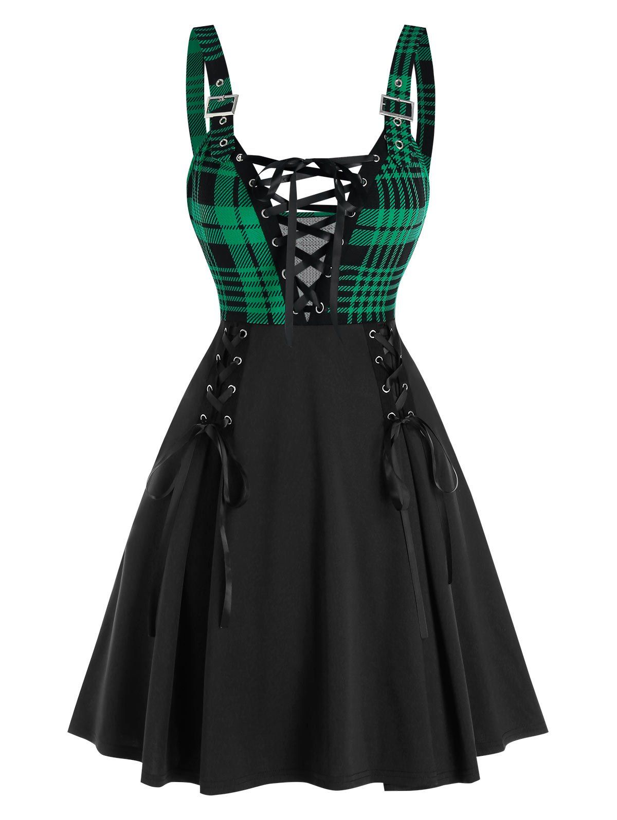 Sleeveless Plaid Print Lace-up Front Buckle Strap Dress