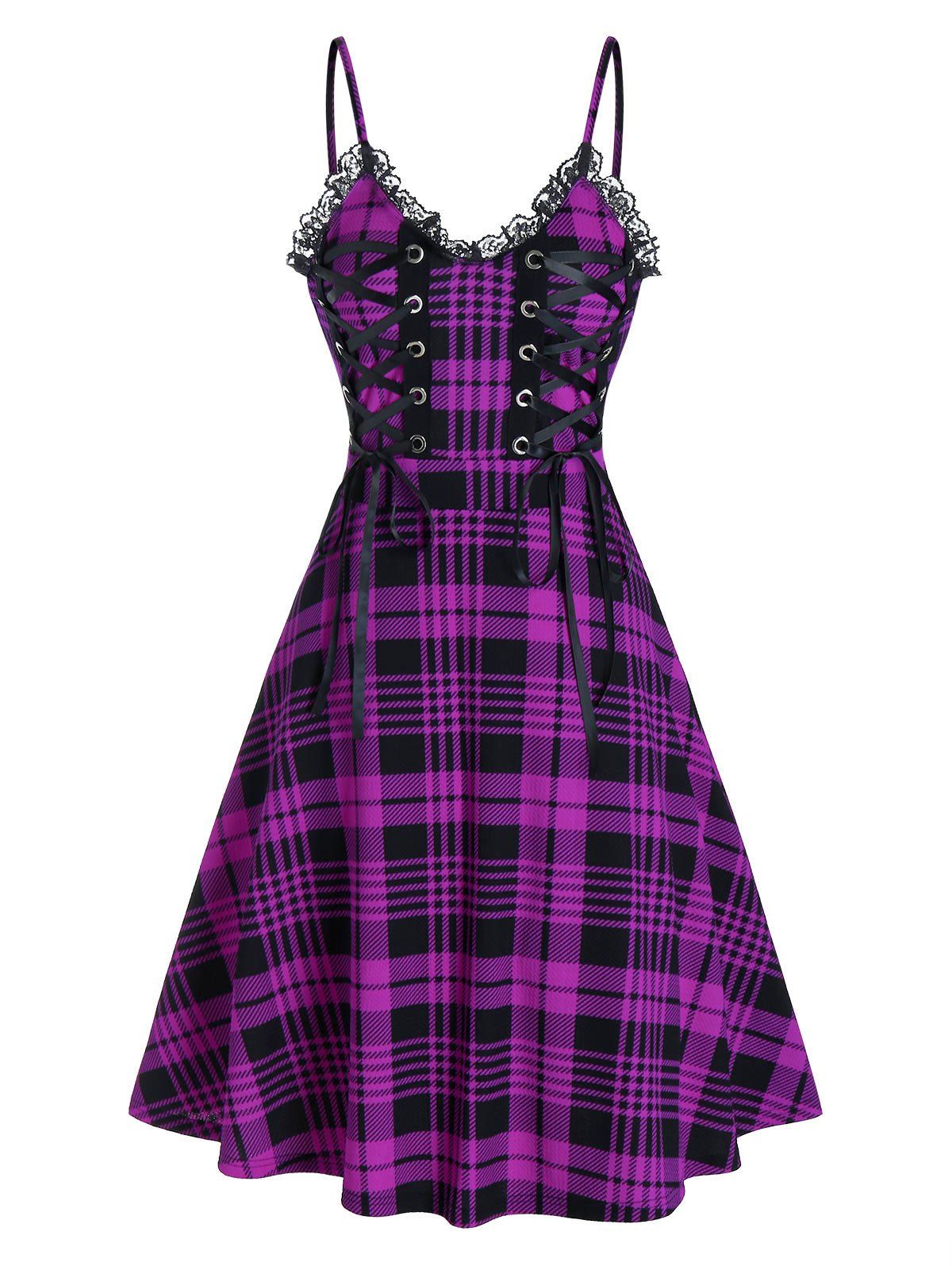 Chic Lace Up Plaid Fit and Flare Dress  