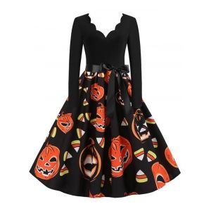 

Scalloped Collar Pumpkin Long Sleeve Halloween Dress, Yellow