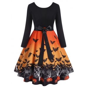 

Plus Size Halloween Vintage Bats Print Dress, Orange