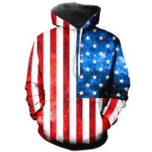

American Flag Print Kangaroo Pocket Patriotic Hoodie, Red