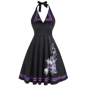 

Halter Skull Floral Buttoned Halloween Vintage Dress, Black