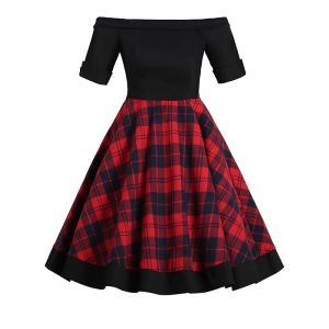 

Tartan Off Shoulder Foldover Mini Dress, Red