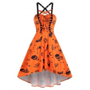 

Skull Animal Print Lace Up Cami High Low Dress, Halloween orange