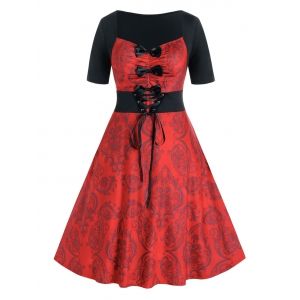 

Plus Size Damask Print Bowknot Lace-up Vintage Dress, Valentine red