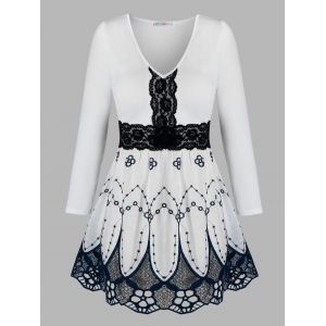 

Plus Size Lace Insert Flower Embroidered Blouse, White