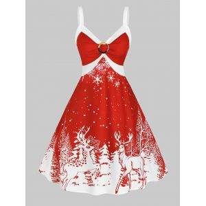 

Plus Size Christmas Bicolor Elk Snowflake Print Dress, Red