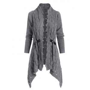 

Open Knit Buckle Embellished Asymmetrical Cardigan, Light gray