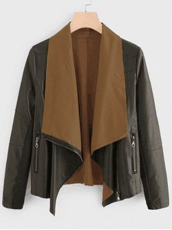 Plus Size Draped Knit Panel Faux Leather Biker Jacket - DEEP GREEN - 1XL