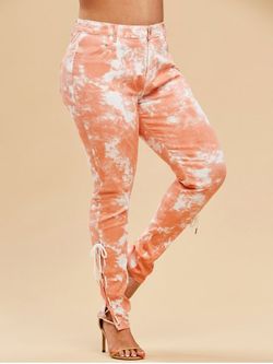 Plus Size Tie Dye Lace-up High Rise Pocket Jeans - LIGHT ORANGE - 5X