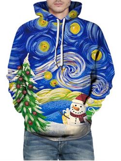 Christmas Tree Snowman Galaxy Print Kangaroo Pocket Hoodie - BLUE - M