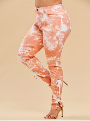 Plus Size Tie Dye Lace-up High Rise Pocket Jeans
