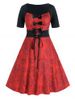 Plus Size Damask Print Bowknot Lace-up Vintage Dress -  