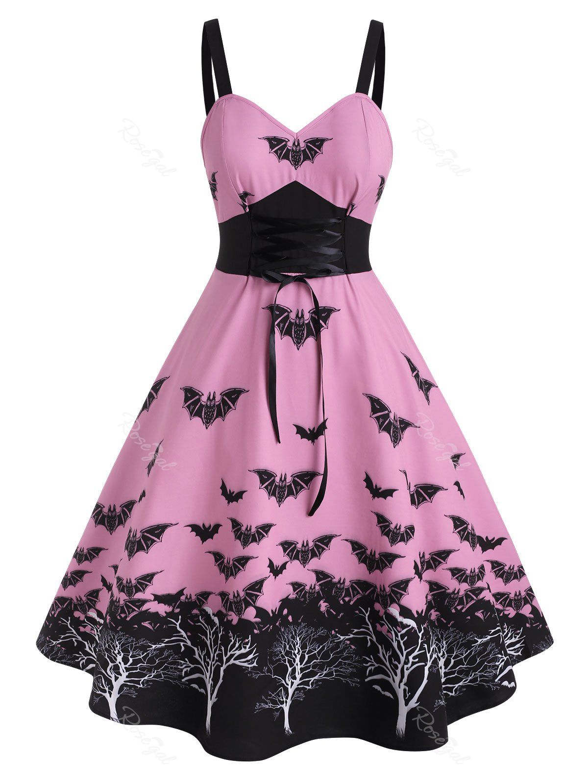 

Plus Size Halloween Vintage Lace Up Bat Print Dress, Light pink