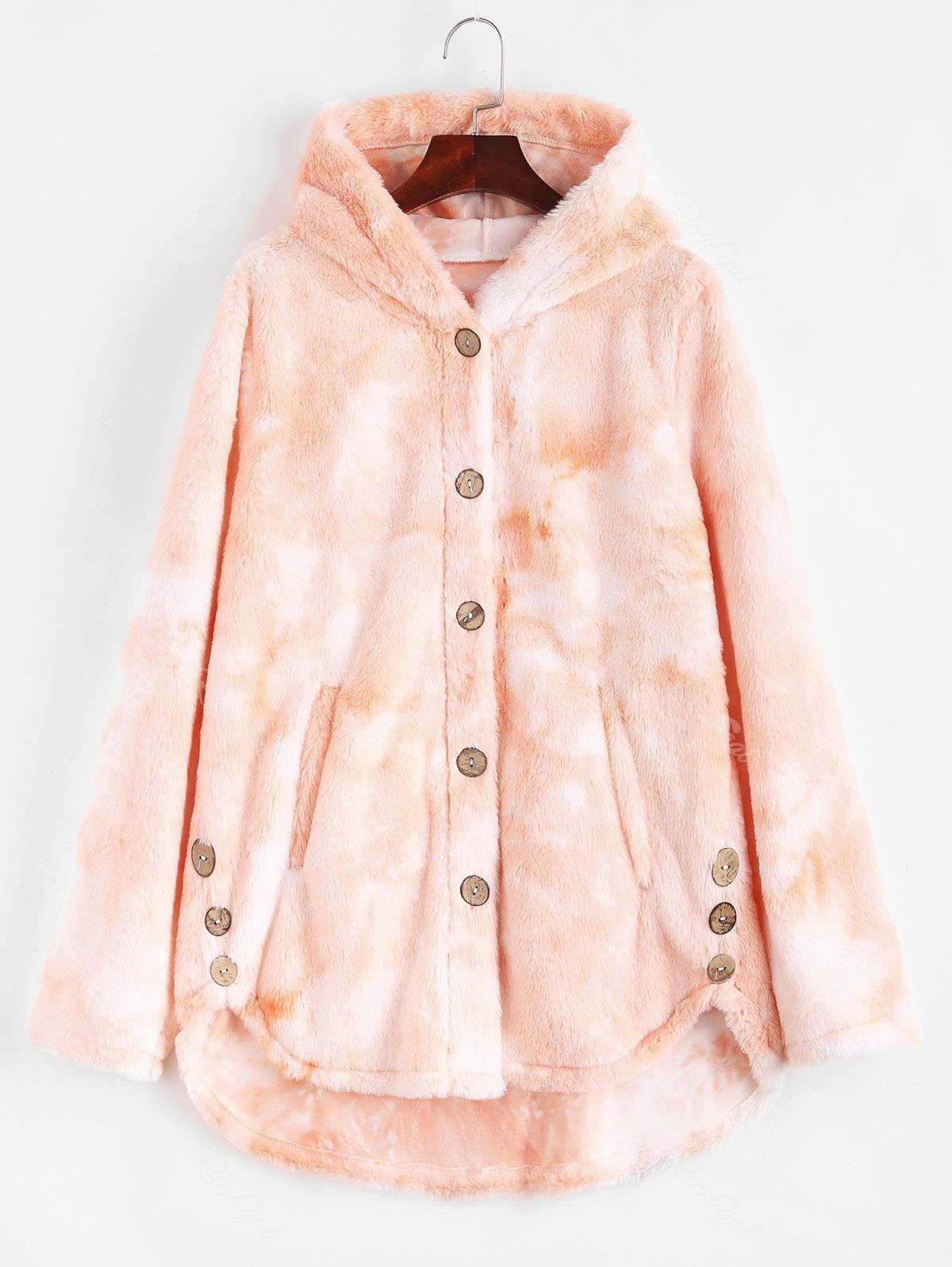 Online Plus Size Tie Dye Hooded Faux Fur Single Breasted Coat  