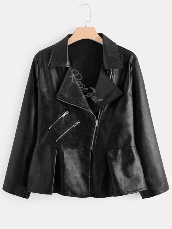 

Plus Size Zippered Faux Leather Peplum Jacket, Black