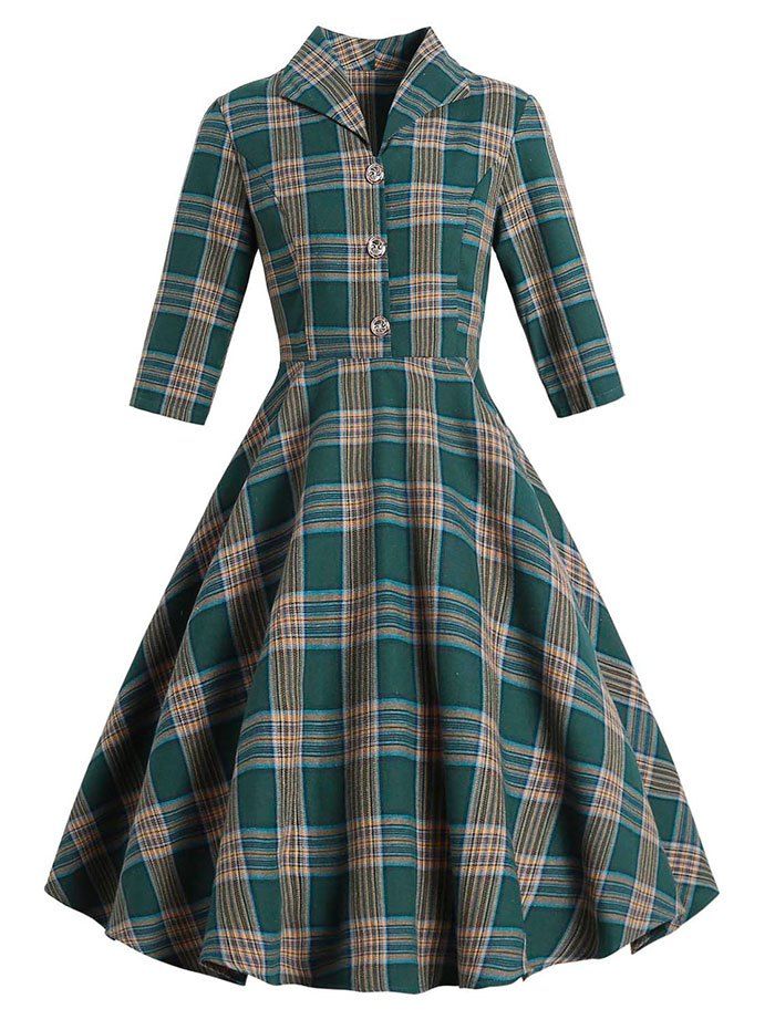 

Vintage Mock Button Plaid Dress, Green