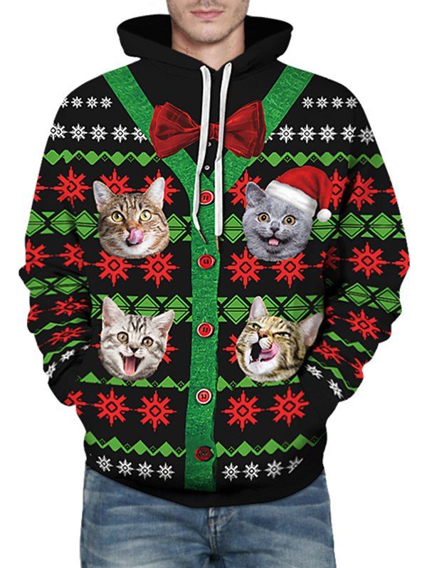 

Christmas Snowflake Cat 3D Print Kangaroo Pocket Hoodie, Black