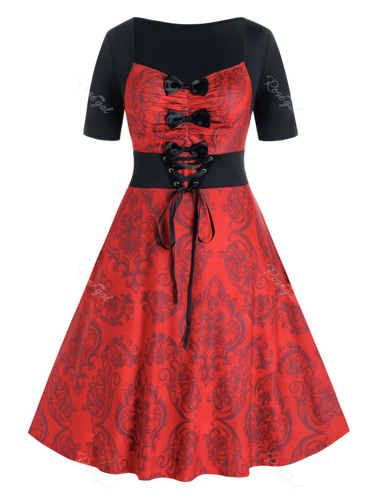 Trendy Plus Size Damask Print Bowknot Lace-up Vintage Dress  