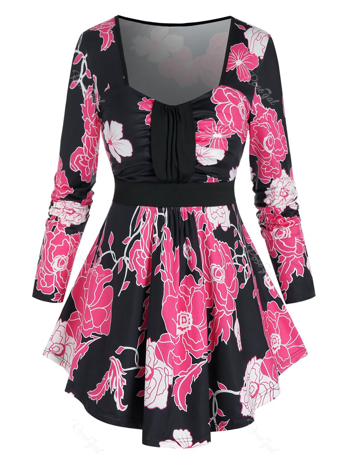 

Plus Size Flower Ruched High Rise Long Sleeve Tee, Black