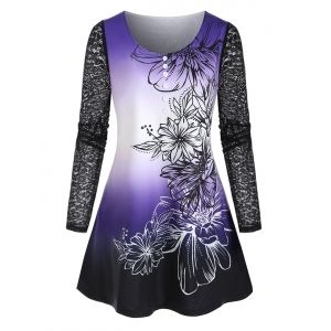

Plus Size Ombre Floral Print Lace Sleeve Tee, Purple