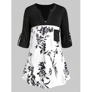 

Plus Size Floral Print Roll Up Sleeve Top, White