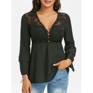 

Lace Panel Layered Bell Sleeve V Neck Blouse, Black