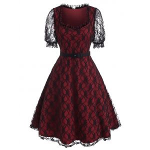 

Puff Sleeve Overlay Lace A Line Dress, Red