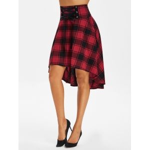 

Plaid Lace-up High Low Midi Skirt, Red