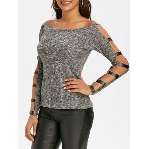 

Faux Leather Panel Heathered Ladder Cutout Sleeve Knitwear, Gray
