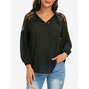 

Mesh Embroidered Tie Front Casual Blouse, Black