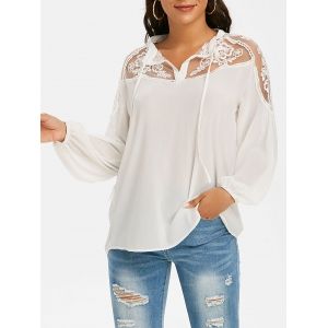

Mesh Embroidered Tie Front Casual Blouse, White