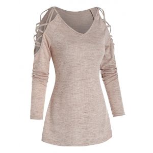 

Cold Shoulder Criss-cross Heathered Ribbed T-shirt, Tan