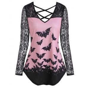 

Halloween Bat Print Lace Panel Crisscross T-shirt, Light pink