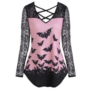 

Halloween Bat Print Lace Panel Crisscross T-shirt, Light pink