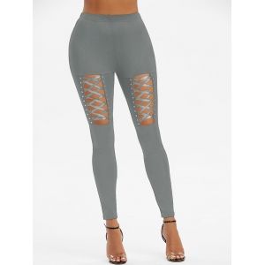 

High Waisted Rivet Detail Lace-up Gothic Leggings, Ash gray