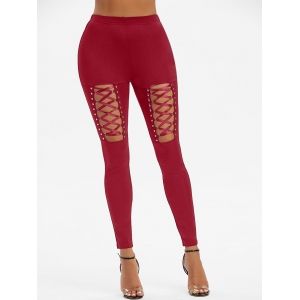 

High Waisted Rivet Detail Lace-up Gothic Leggings, Red wine