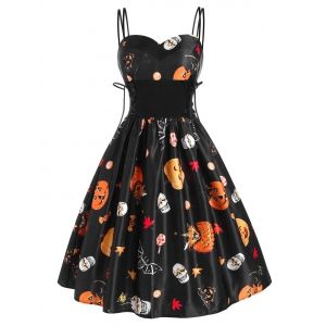 

Halloween Pumpkin Cat Skull Print Lace Up Dress, Black